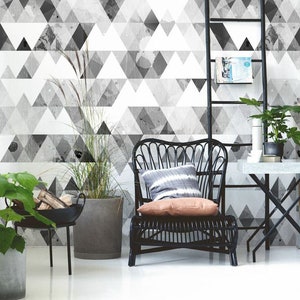 Grey Traingles Wall Covering, Triangles Wallpaper, Traditional, Geometry Mural, Peel and Stick, Self Adhesive, Black and white Pattern #122
