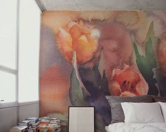 Red Tulips Watercolor Removable Wallpaper, Floral Bouquet, Peel And Stick, Self adhesive, Wall decor, Repositionable, Garden, Painting #40