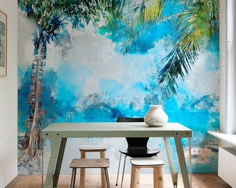 Coconut Palm Tree On The Beach Wallpaper, Reusable, Beach Mural, Paradise, Palm Trees, Exotic Wallpaper, Leaves, Repositionable, Art #6