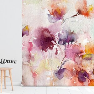 Colorful Floral Painting Removable Wallpaper, Pastel Mural, Wall Covering, Peel and Stick, Wall decal, Nature, Floral Wallpaper, Flowers 17 image 2