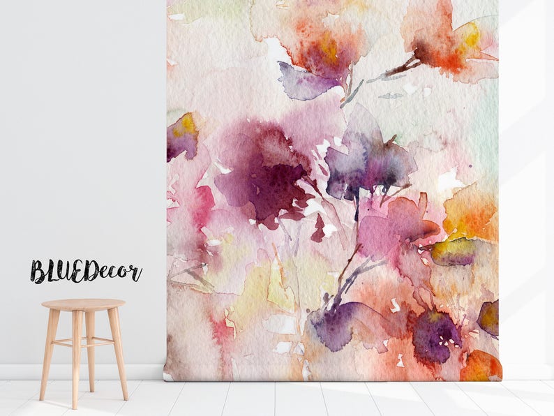 Colorful Floral Painting Removable Wallpaper, Pastel Mural, Wall Covering, Peel and Stick, Wall decal, Nature, Floral Wallpaper, Flowers 17 image 2