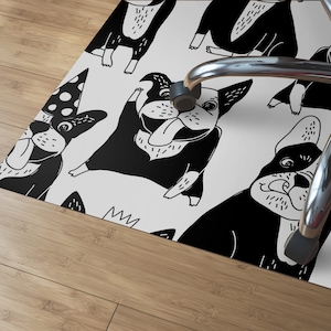 Happy Dogs Chair Mat, Black Splat Mat, White Living Room Floor, Animals Aesthetic Print, Housewarming Gift, Waterproof Rug
