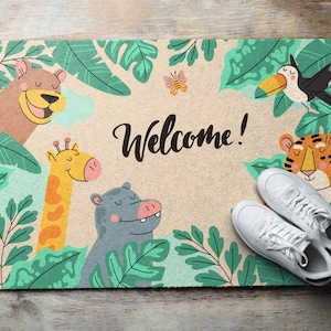 Welcome Animals Welcome Mat, Personalized Doormat, Text Pattern, Cute Doormat, Beige Entrance Mat