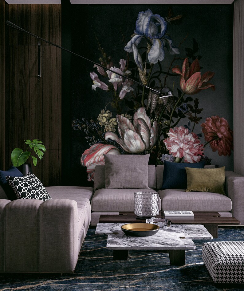 Dark Vintage Floral Removable Wallpaper Rose Mural Peel and Etsy