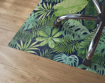Dark Tropical Leaves Chair Mat, Black Wood Floor Protection Mat, Green Modern Decoration, Jungle High Chair Mat