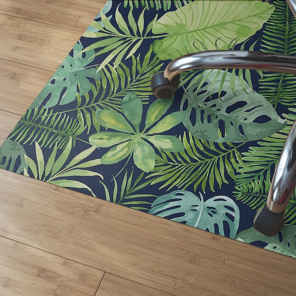 Dark Tropical Leaves Chair Mat, Black Wood Floor Protection Mat, Green Modern Decoration, Jungle High Chair Mat