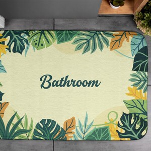 Jungle In The Bathroom, Soft Mat, Botanical Pattern with text, Yellow, Floor Decoration, Designer Carpet, Bath Rug, Toilet