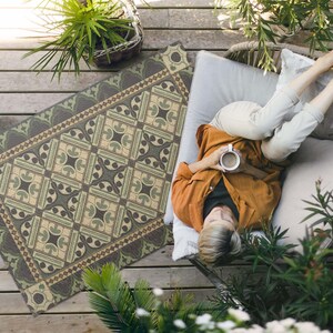 Classic Artistic Tiles Outdoor Rug, Faux Tiles Patio Carpet, Brown Vinyl Rug, Porch Rug, Pet Friendly Rug, Easy To Clean Rug
