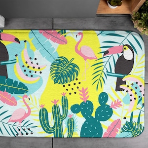 Birds Plants Abstraction, Soft Mat, Animal Pattern, Yellow, Small Carpet, Bath Rug, Decor, Designer Mat
