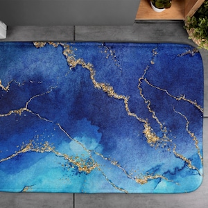 Abstraction Pattern, Dark Blue Marble, Soft Mat, Blue, Floor Decor, Bathroom Rug, Non-Skid, Contemporary Carpet