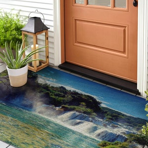 トロピカルウォーターフォール屋外ラグ、グリーンウェルカムマット、風景玄関マット、模様付き玄関マット、カスタム玄関マット、面白い玄関マット