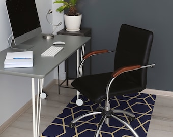 White Abstract Shape Chair Mat, Dark Blue Computer Mat, Gold Chair Pad Comfort, Geometric PVC Splat Mat, Waterproof Rug