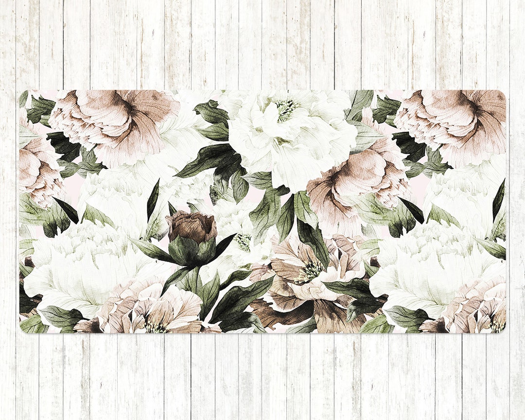 Retro Blooming Peonies Desk Pad, White Desk Pad Protector, Green Office ...