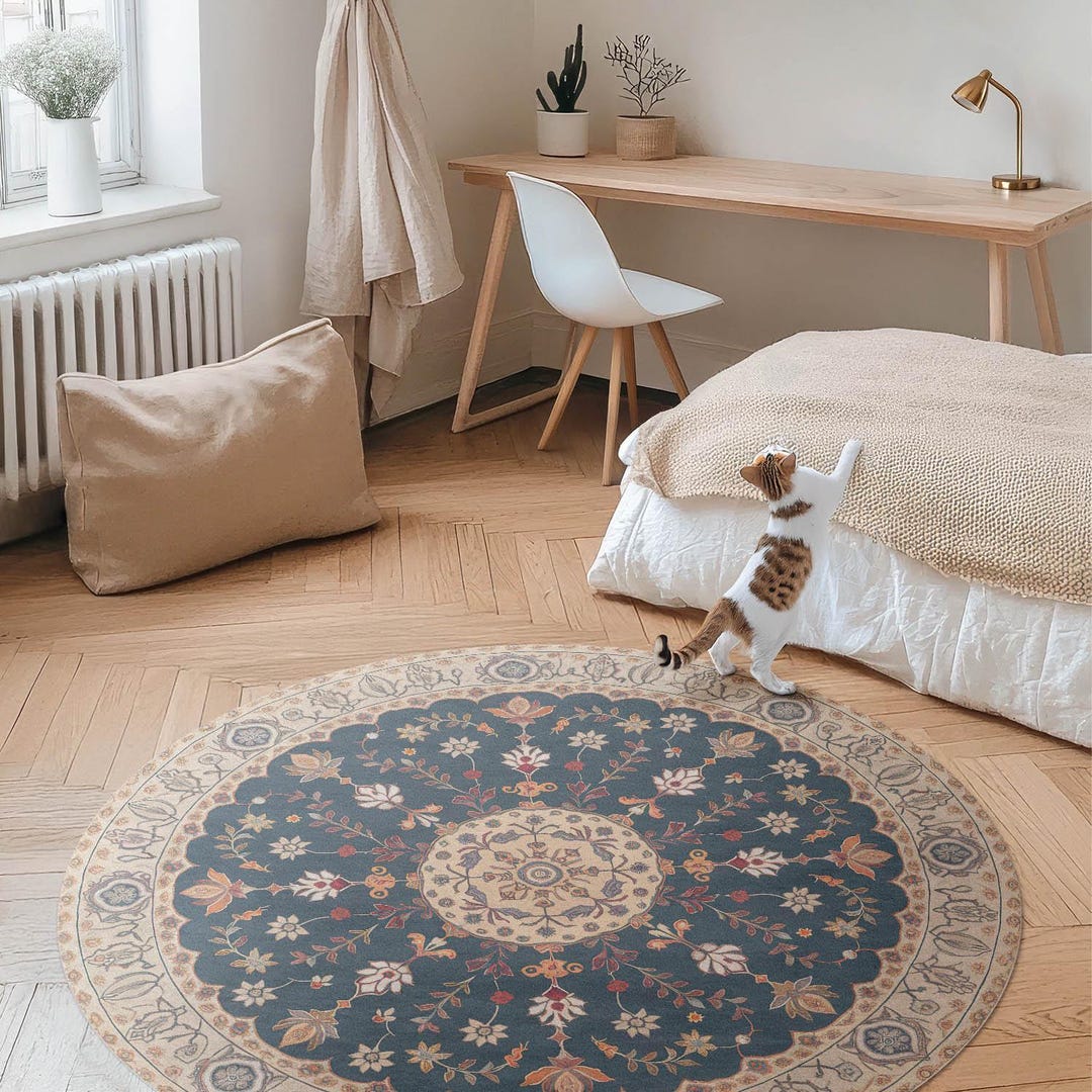 Ornament Pattern Rug Plant Ornament With Flowers, Persian Style Round Rug for Living Room ...
