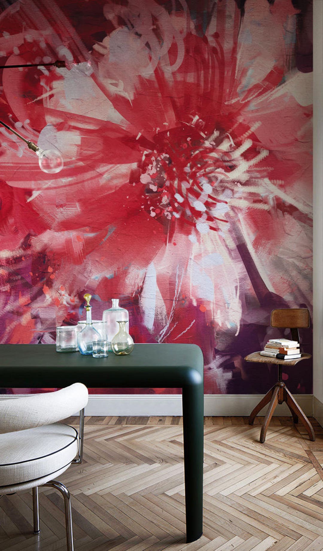 Red Flowers Removable Wallpaper, Nature Mural, Floral Painting, Flowers