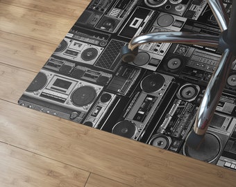 Classic Boombox Chair Mat, Gray Wood Floor Protection Mat, Black Modern Decoration, Music High Chair Mat, Waterproof Rug