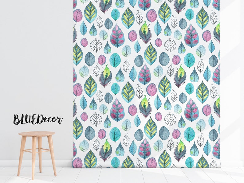 Abstract Mural Colorful Leaf Cartoon Leaves Wall Mural Peel And Stick Decor Wall Covering Wall Mural Watercolor Wall Decal #136