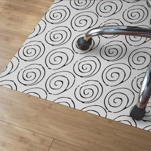Squiggly Circles Pattern Chair Mat, White Computer Mat, Black Chair Pad Comfort, Geometric PVC Splat Mat, Waterproof Mat