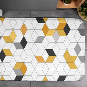 Geometric Cubes, Soft Mat, Artistic Pattern, White, Small Carpet, Bath Rug, Decor, Designer Mat