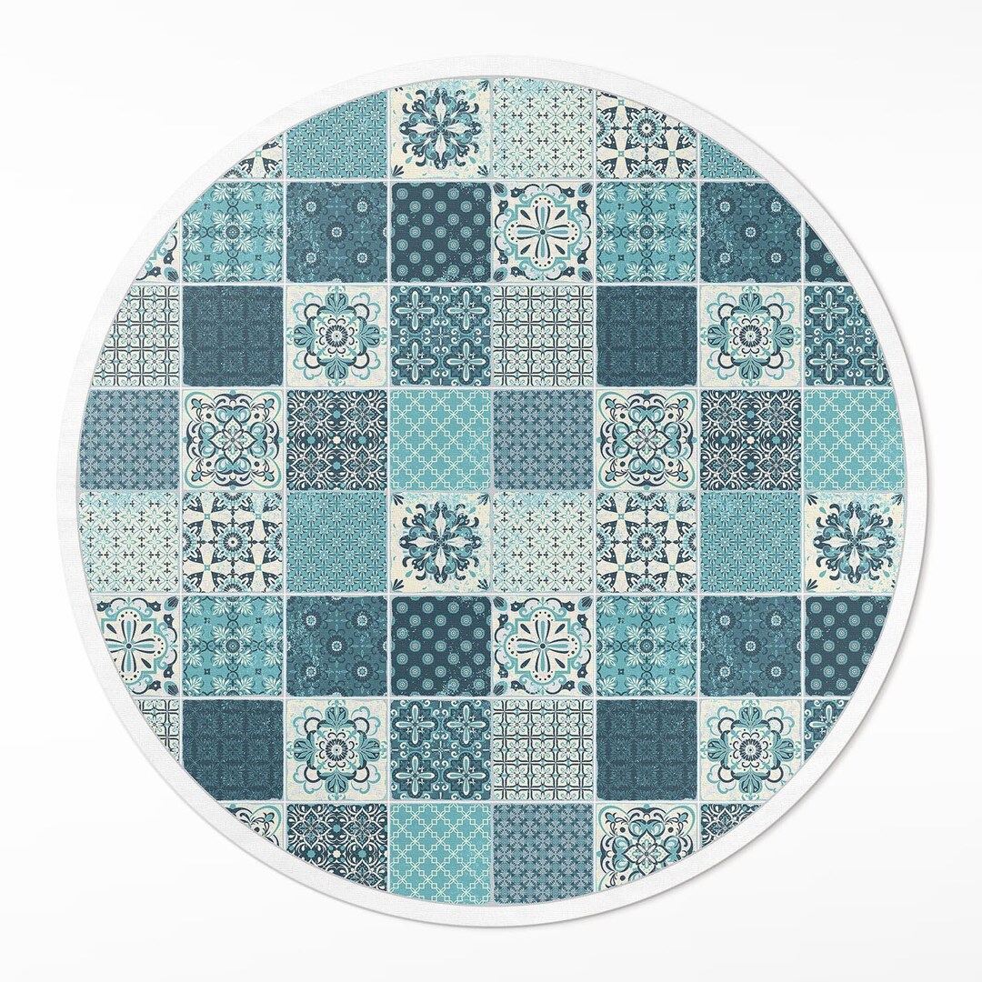Tile Inlay Rug Round Patterned Mosaic Decorative Tiles Round Area Rug, Faux Tiles Vinyl ...