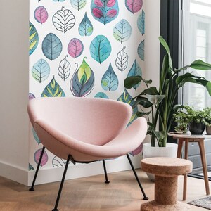 Mural de pared con hojas de dibujos animados, hojas de colores, acuarela, mural abstracto, revestimiento de pared, despegar y pegar, mural de pared, decoración, calcomanía de pared n.° 136