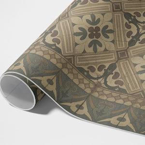 Symmetrical Retro Patterns Bedroom Rug, Tiles And Tiles Vinyl Carpet, Green Vinyl Rug, Waterproof Rug, Pet Friendly Rug
