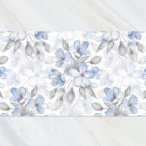 Navy Blue Classic Flowers Desk Mat Design, Gray Gaming Room Decor, White Desk Mat Design, Botanical Computer Desk Mat, Kids Room Decor