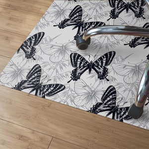 Retro Butterfly Chair Mat, White Wood Floor Protection Mat, Black Modern Decoration, Animals High Chair Mat, Waterproof Rug