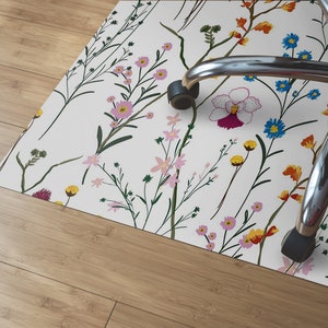 Wild Flowers Chair Mat, White Splat Mat, Green Living Room Floor, Meadow Aesthetic Print, Birthday Gift, Waterproof Mat