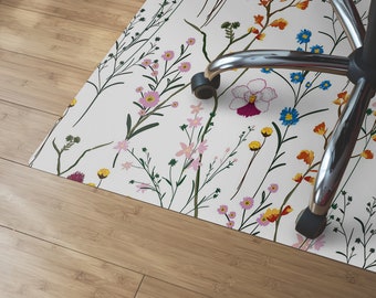 Wild Flowers Chair Mat, White Splat Mat, Green Living Room Floor, Meadow Aesthetic Print, Birthday Gift, Waterproof Mat