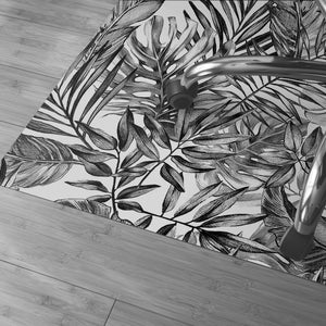 Black Monstera Chair Mat, Black Floor Area Pad, White Perfect Gift Idea, Leaves Retro Vibe, Housewarming Gift, Waterproof Mat