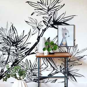 Black Watercolor Bamboo Wallpaper, Sketch Mural, Black and White, Peel and stick, Reusable, Wall mural, Nature, Wall Decor, Tree, Leaves #11