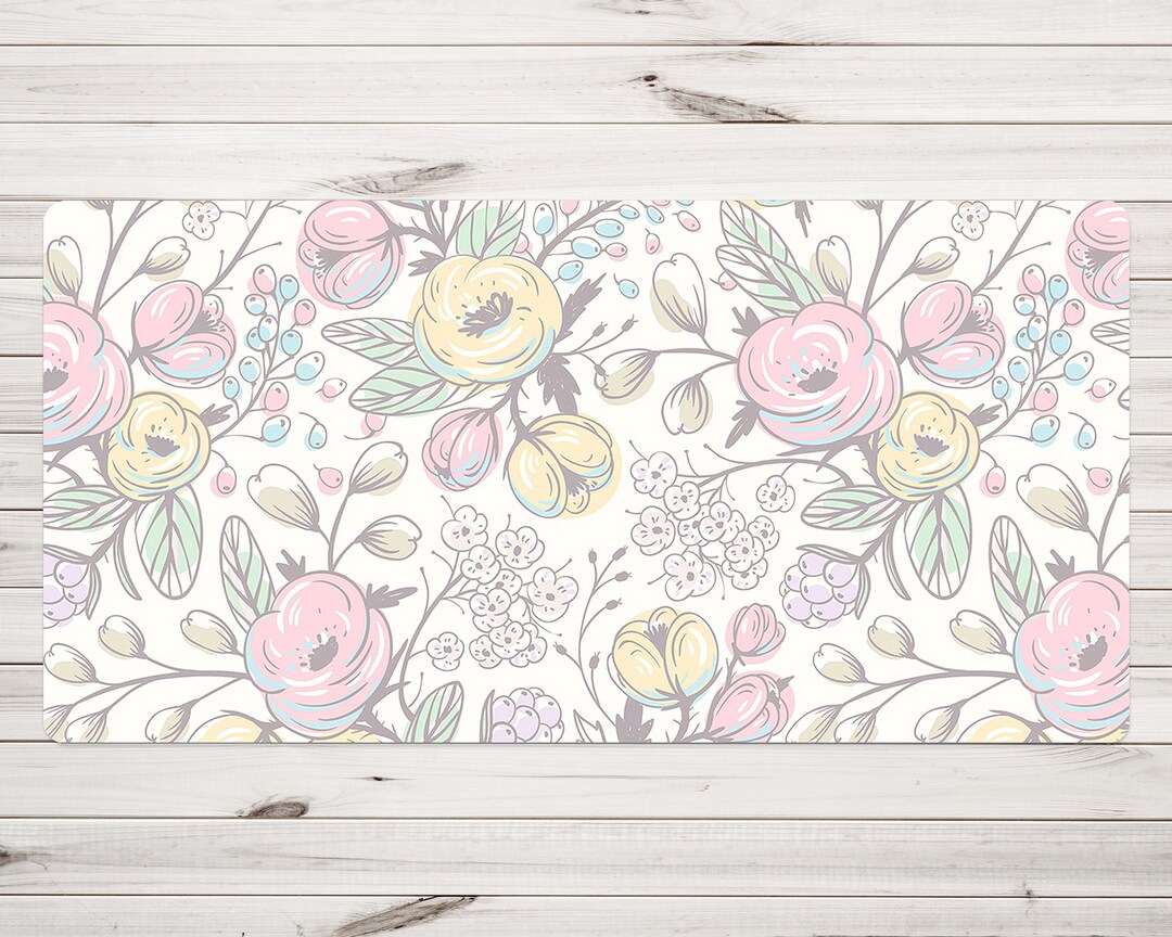 Floral Computer Mat Hand Drown Flowers Desk Mat Design, Beige Gaming Room Decor, Pink Desk ...