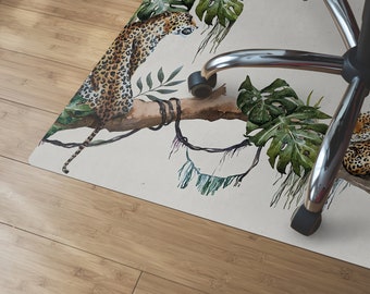 Tropical Cheetahs Chair Mat, Beige Splat Mat, Green Living Room Floor, Jaguar Aesthetic Print, Birthday Gift, Waterproof Rug