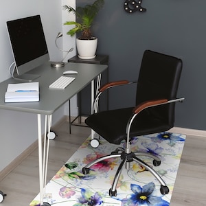 Summer Flowers Chair Mat, White Computer Mat, Blue Chair Pad Comfort, Watercolor PVC Splat Mat, Birthday Gift, Waterproof Rug