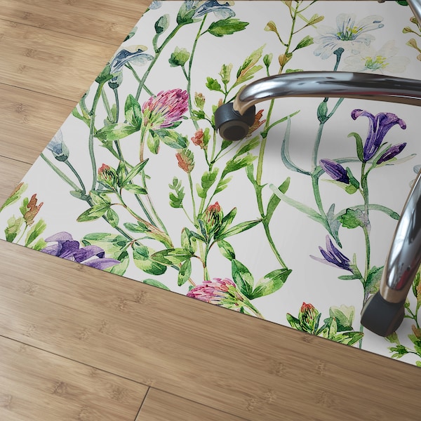 Watercolor Wild Flowers Chair Mat, Green Splat Mat, Purple Living Room Floor, Botanical Aesthetic Print, Waterproof Rug