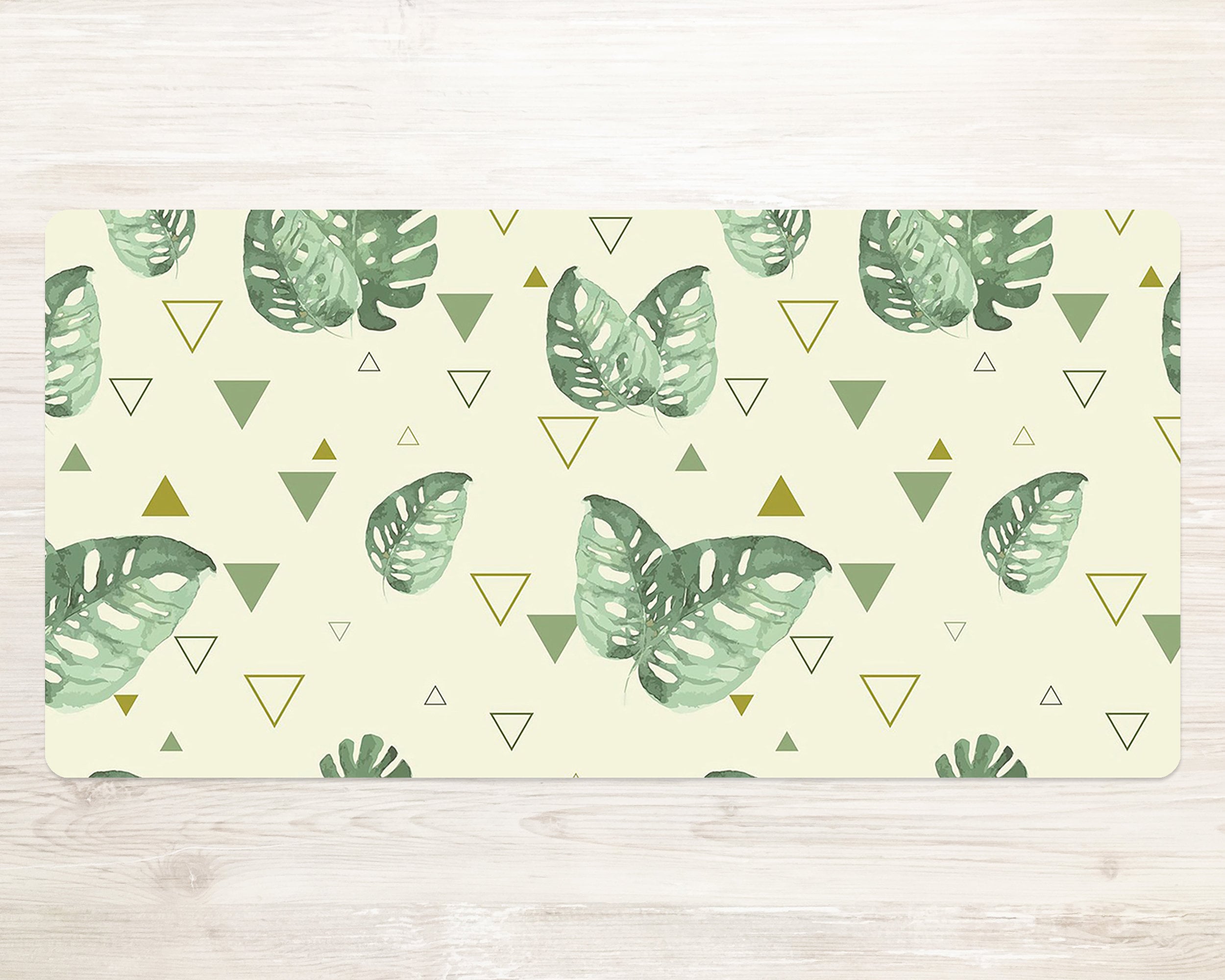 Tapis de bureau gaming Monstera et formes, tapis pour clavier vert, tapis de bureau gaming beige, décoration de bureau feuilles, tapis de souris gamin