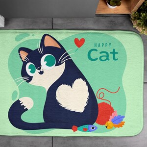 Kids Pattern, Kitty Animals, Soft Mat, Green, Designer Rug, Handmade Rug, Nonslip Mat, Bath Rug