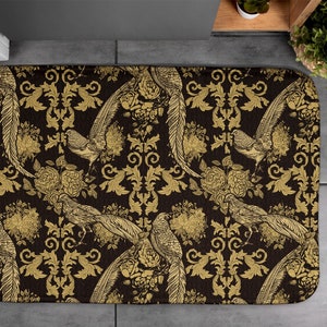 Birds Abstraction, Soft Mat, Animal Pattern, Golden, Bathroom Rug, Contemporary Carpet, Floor Decor, Non-Skid