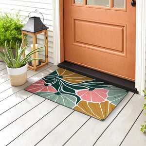 Geometric Flowers Outdoor Mat, Green Welcome Doormat, Floral Entrance Mat, Non-Slip Doormat, Personalized Doormat, Cute Doormat