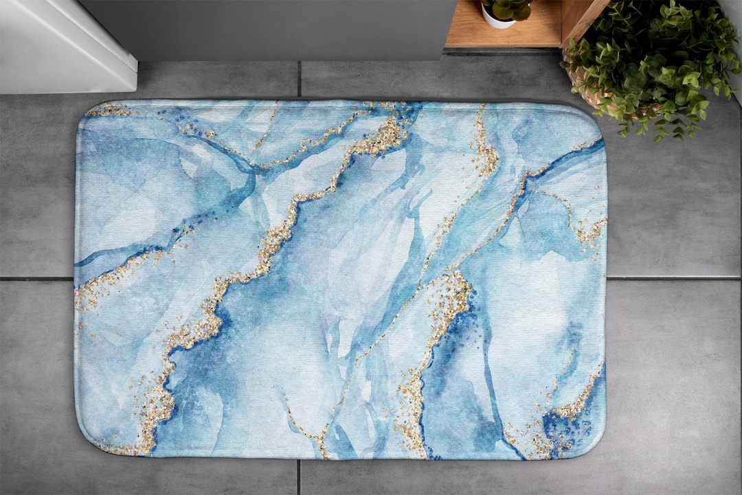 Blue Marble Rug Pattern Blue Marble, Soft Mat, Abstraction Pattern, Blue, Bathroom Rug ...