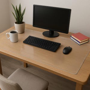 Puede incluir: Un protector de escritorio transparente cubre un escritorio de madera clara. Un monitor de ordenador negro, un teclado y un ratón están sobre el escritorio. Una taza blanca, una planta en maceta y dos libros también están presentes.
