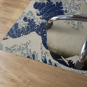 Great Wave Of Kanagawa Chair Mat, Beige Vinyl Floor Mat, Blue Kids Room Decor, Japanese Pet Friendly, Waterproof Mat