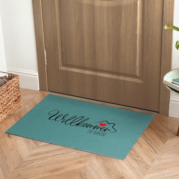 Willkommen Zu Hause Front Door Mat, Personalized Doormat, Fall Doormat, Text Pattern, Entrance Mat Green