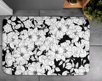 Flowers Roses Bathroom Mat, Floral Pattern Black and White