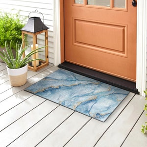 ブルーマーブル屋外ラグ、ブルーウェルカムドアマット、アブストラクトフロントラグ、模様付きドアマット、カスタムドアマット、面白いドアマット