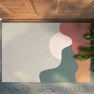 Geometrical Sunrise Welcome Mat, Personalized Doormat, Abstraction Pattern, Beige Entrance Mat, Fall Doormat