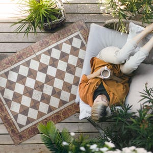 Art Deco Tiles Outdoor Rug, Faux Tiles Patio Carpet, Brown Vinyl Rug, Porch Rug, Pet Friendly Rug, Easy To Clean Rug