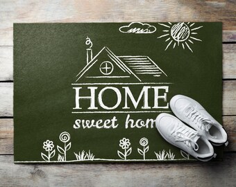 Home Sweet Home Outdoor Rug, Green Welcome Rug, Text Front Rug, Patterned Doormat , Custom Doormat, Funny Doormat