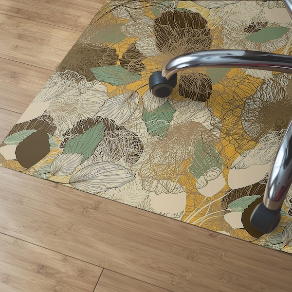 Abstract Floral Chair Mat, Yellow Floor Area Pad, Brown Perfect Gift Idea, Leaves Retro Vibe, Birthday Gift, Waterproof Mat